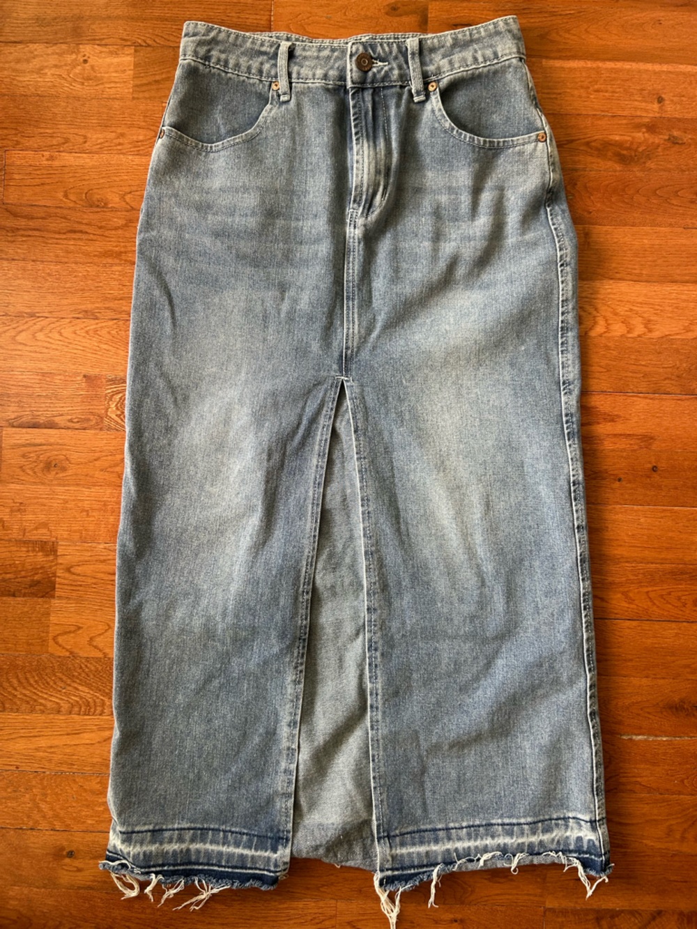 Denim Midi Skirt w/ Front Slit | Vintage Wash Raw Hem | Size 25